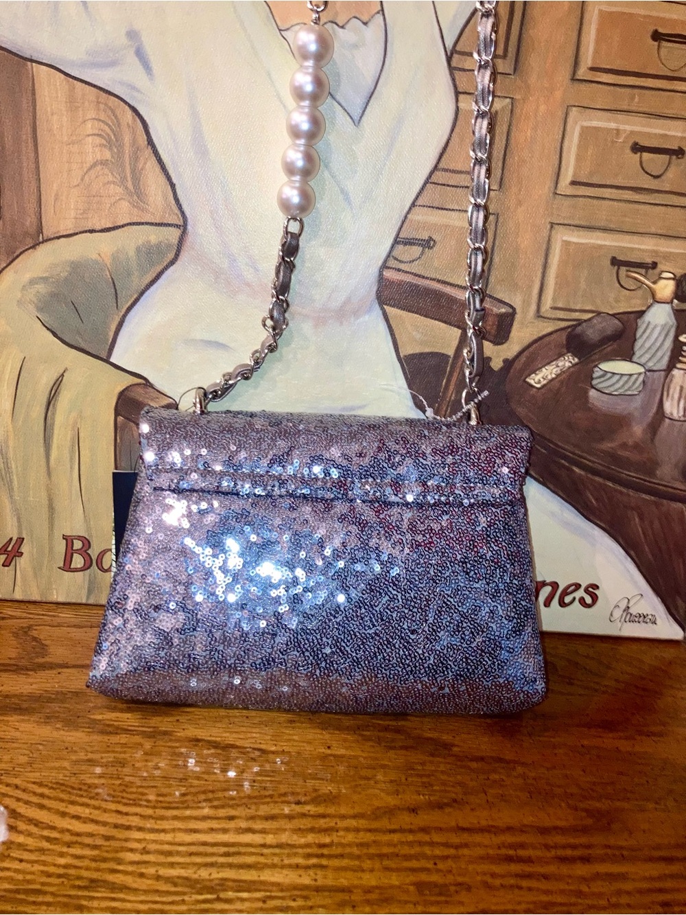 Badgley Mischka Silver Sequin Crossbody Bag w/ Chain & pearl Strap MSRP $129 - Picture 7 of 9